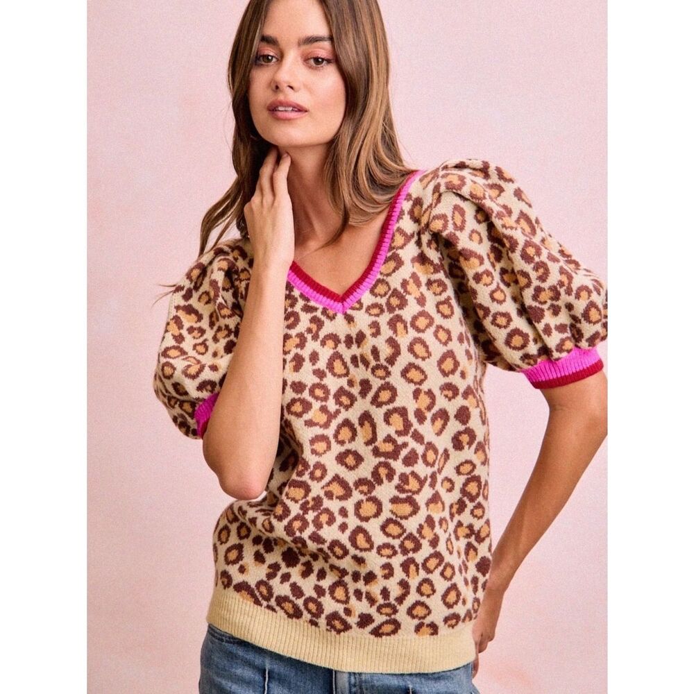 BiBi Leopard Pattern Puff Sleeve V-neck Sweater Top sz XL - Picture 2 of 7